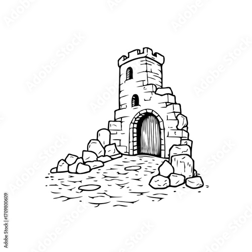Illustration of an aged stone fortress entrance leading into a medieval fantasy domain on white
