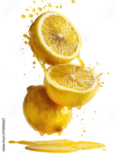 Juicy lemon slices in mid-air splash