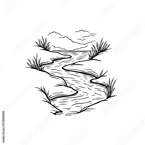 Illustration of a winding river flowing through a valley towards distant mountains and cloudy sky