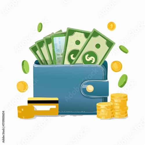 Money set. Credit card, bill, wallet, banknotes, coins and other financial elements. Payment, savings, cashback concept. Vector illustration