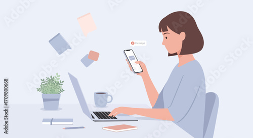 Illustration of a woman multitasking during remote work, managing digital notifications and messages on her phone and laptop