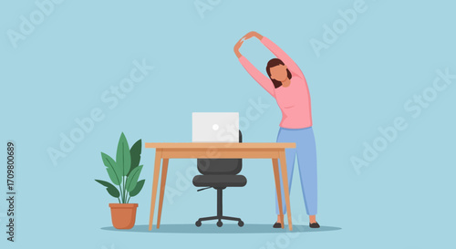 Woman taking a wellness break by stretching at her desk to relieve stress and improve posture during remote work