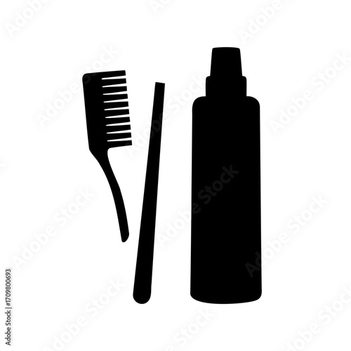 Hair dye applicator kit with bottle, brush and plastic stick in black