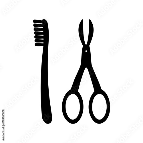 Silhouette of a toothbrush and a pair of grooming tweezers together
