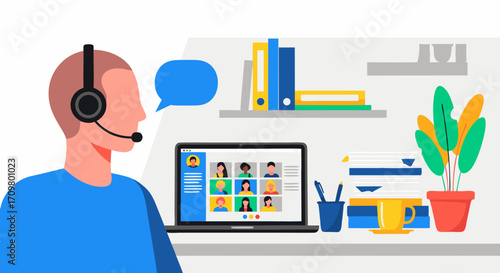 Vector illustration of a professional participating in an online video conference, symbolizing the era of remote work and digital collaboration