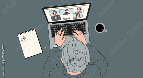 Navigating the demands of modern remote work, an individual participates in a crucial video conference, fostering virtual collaboration and connection from their personalized workspace