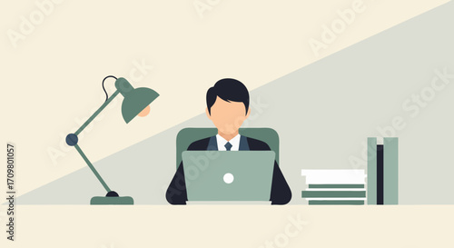 Man working remotely at his desk with a laptop and lamp, embodying modern remote work productivity and lifestyle
