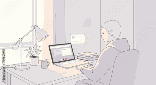 Illustration of a student or employee in a video meeting on a laptop, a scene depicting the modern lifestyle of remote work and e-learning