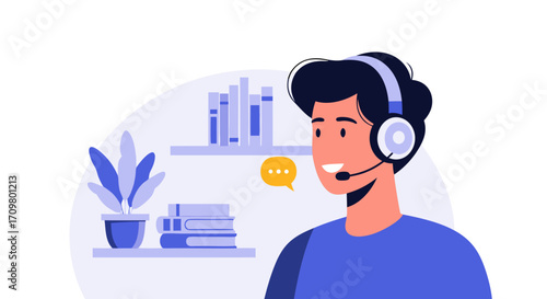 Happy Customer Support Agent during Remote Work with Headset Illustration