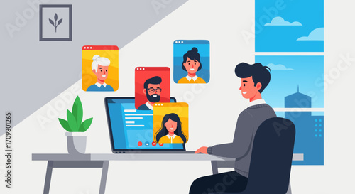 Remote work illustration featuring a man on a video call with colleagues, representing modern communication and collaboration