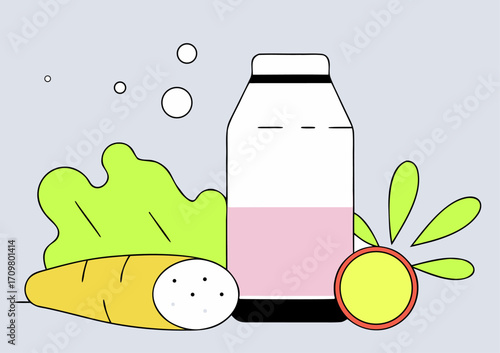 Vector of Carrot, yam, or fruit water and coconut with milk splash in minimal style healthy drink concept