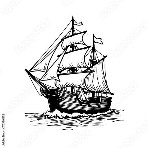 Illustrative nautical vessel traversing water black and white drawing depicting adventure and