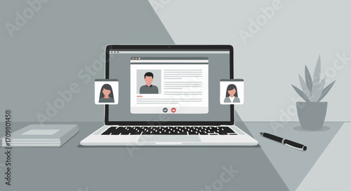 Professional virtual meeting on a laptop screen, facilitating effective remote work and team collaboration across distances for modern businesses