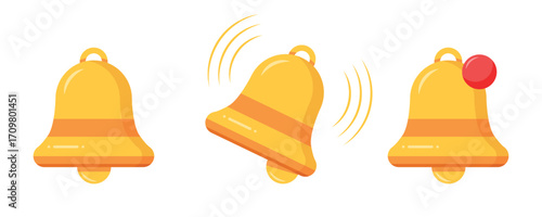 Notification Bell Icons Set with Alert. Vector illustration of three yellow bell icons representing notifications, including standard, ringing, and alert with red badge