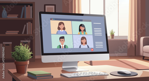 Connecting with colleagues through a video call in a cozy home office setup, illustrating the concept of remote work