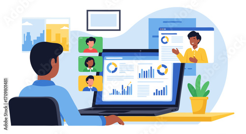 Professional managing a virtual team meeting with data analysis presentation as part of a successful remote work strategy