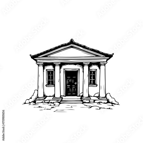 Ink drawing featuring an age old architecture small stone temple with pillars and an entrance