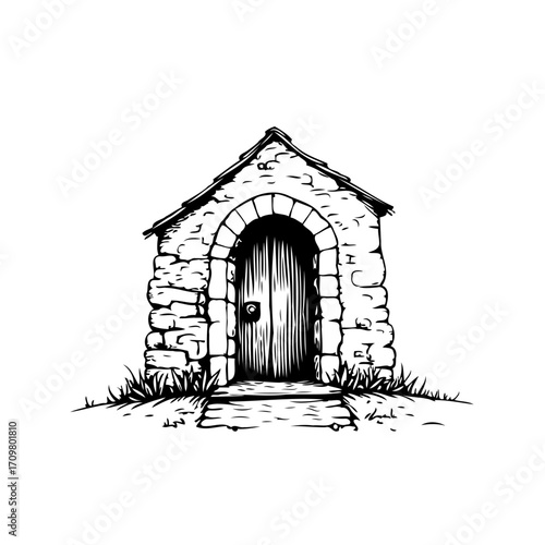 Ink drawing of an old stone building with an arched doorway evokes a sense of mystery and history