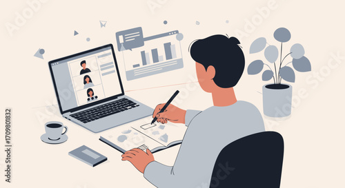 A young professional engaged in remote work, participating in an online business meeting and sketching at his home office desk