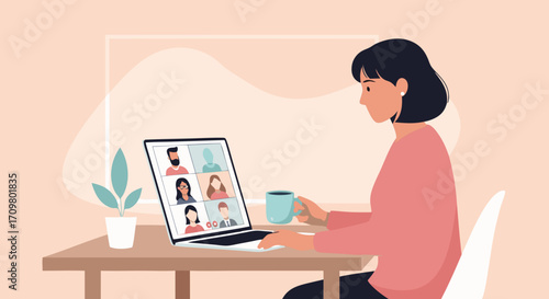 Woman Engaged in Remote Work, Participating in a Video Conference on Her Laptop, from Home Office
