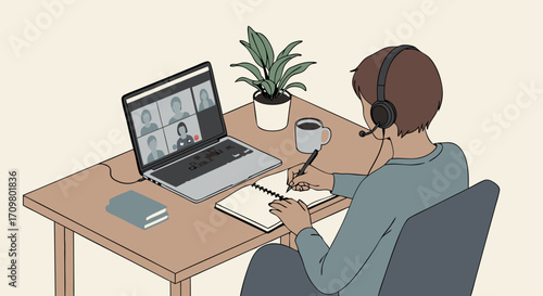 Engaged individual participating in a virtual meeting, taking notes, illustrating the adaptability and productivity inherent in modern remote work and digital collaboration