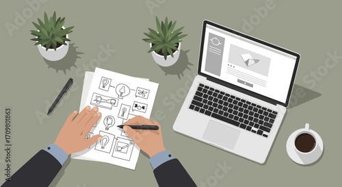 Optimizing creativity and productivity in a modern remote work environment, illustrating design thinking and innovative development from a top-down perspective