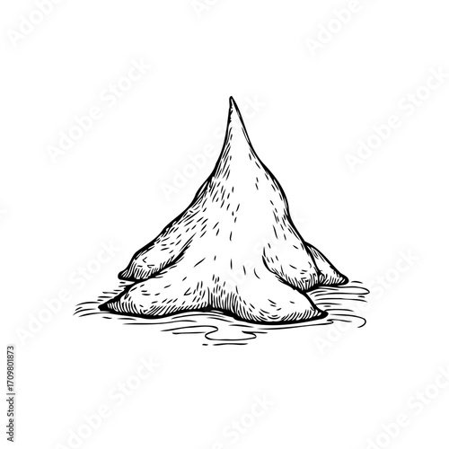Ink drawing of unique blob-shaped mountain peak rising from the water surface with detailed texture