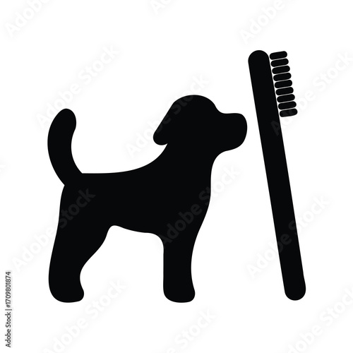 Stylized black silhouette illustration of a dog and a pet grooming brush