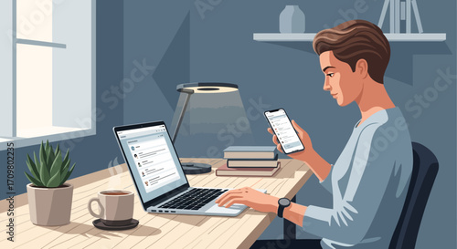Person Engaging in Remote Work, Using Laptop and Smartphone at Desk