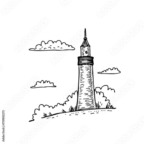 Ink sketched coastal sentry on a small hillock beneath fluffy clouds showcasing simple beauty of