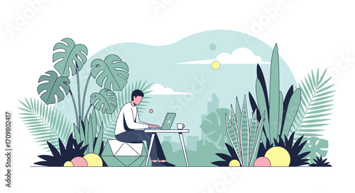 Remote Work Oasis Man Working on Laptop Surrounded by Lush Plants and Nature's Embrace
