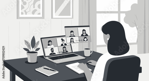 Illustration of a woman participating in a remote work video conference call, highlighting modern work-from-home collaboration
