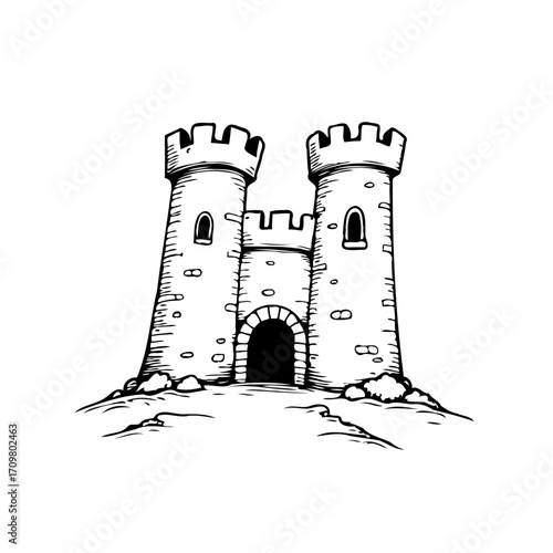Ink-sketched fortified castle with two towers and crenellations on a small hill evokes medieval