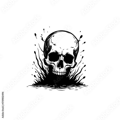 Ink-splattered skull artwork evoking mortality artistic expression and symbolizing human existence