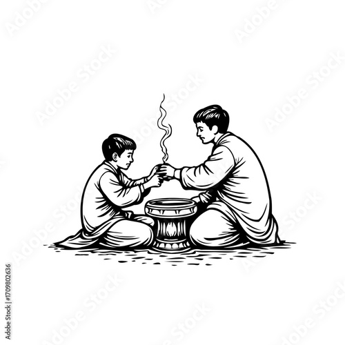 Intimate moment captured in monochrome: a father imparts cultural traditions to his son through an