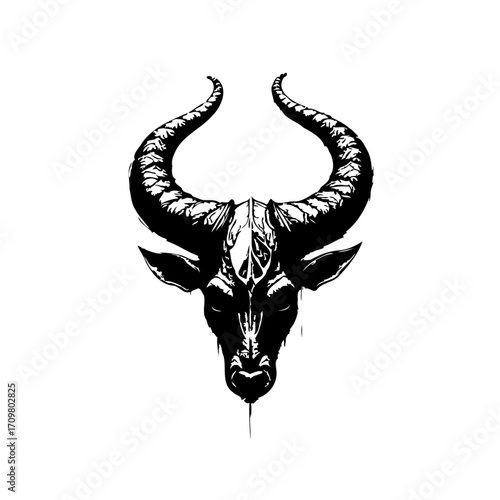 Intricate black and white drawing of an horned beast head with mysterious symbolism in