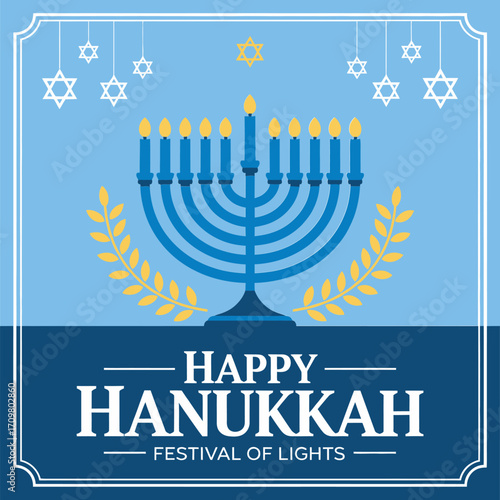 Happy Hanukkah frame template, menorah and laurel wreath, star pattern corners, traditional greeting layout, refined decorative vector illustration
