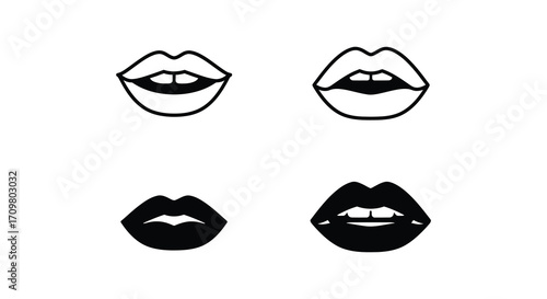 Simple black and white illustrations of various shaped female lips shown
