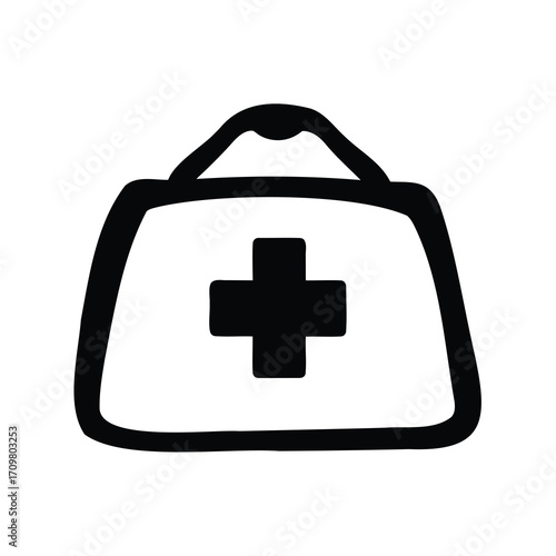 Stylized medical bag with a cross in simple black and white style