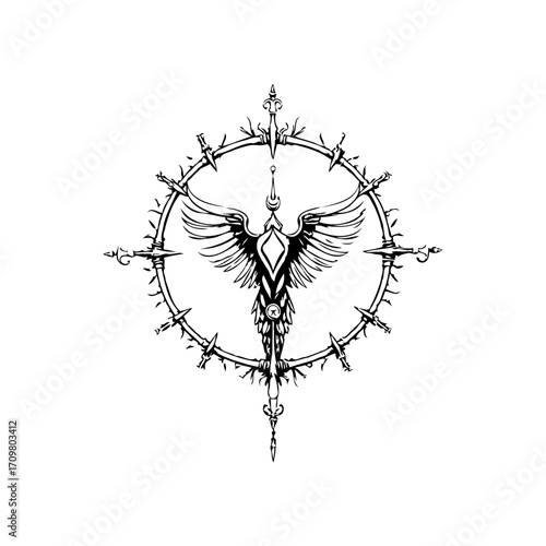 Intricate linework illustration exhibiting a mythical avian creature embraced by symbolic circular