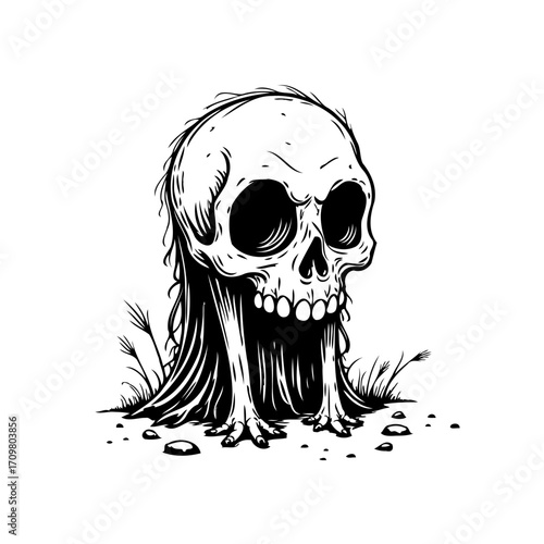 Intricate skull illustration with eerie flowing details showcasing a haunting artistic expression