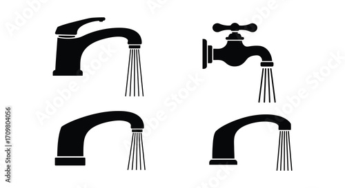 Minimalist black and white illustration of different faucet designs with water