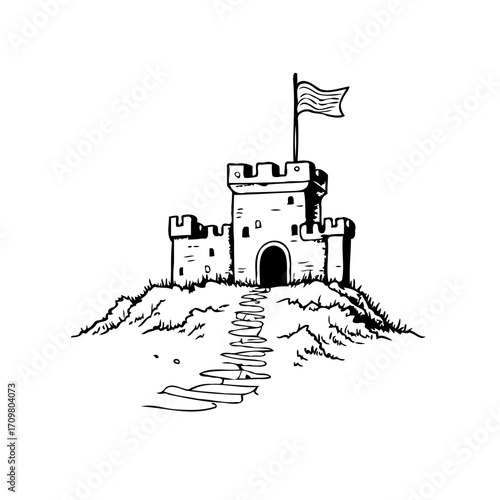 Isolated castle fortress illustration with waving flag atop a stone hill and a winding path