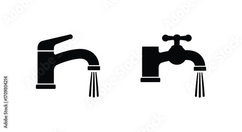 Two black faucet icons with flowing water drops on white background