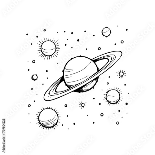 Line art depiction of saturn amidst stars and other celestial bodies illustration for educational