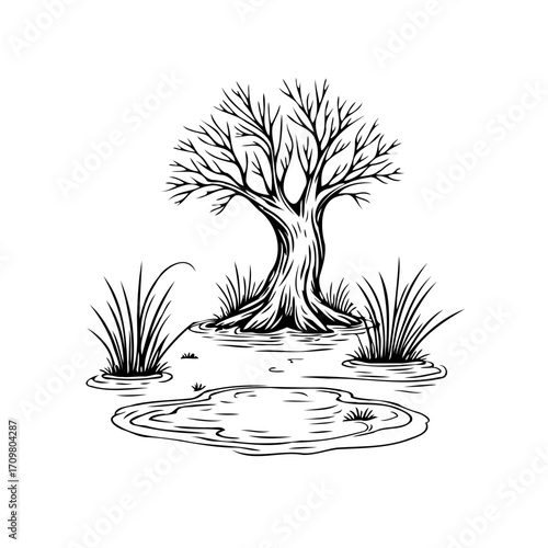 Lone tree surrounded by wetland plants with small pond in serene natural setting sketched art