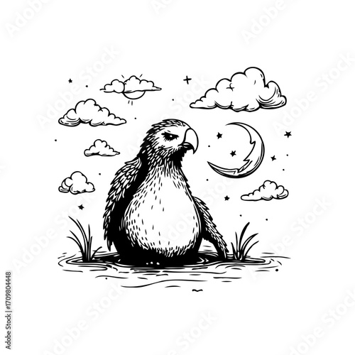 Majestic bird in dreamy landscape under crescent moon surrounded by ethereal clouds and stars at