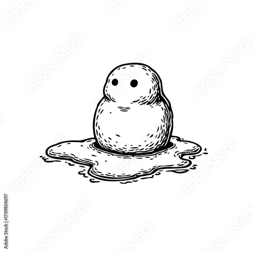 Melting figure engraving of ephemeral being diminishing into a shapeless liquid puddle on white