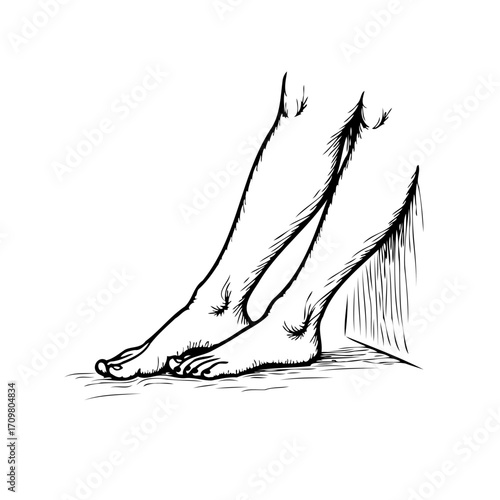 Minimalist anatomical sketch depicting slender legs and feet resting against a solid plane