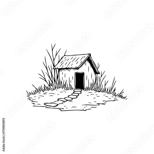Minimalist cottage illustration nestled amongst nature showcasing a simple life and serene escape